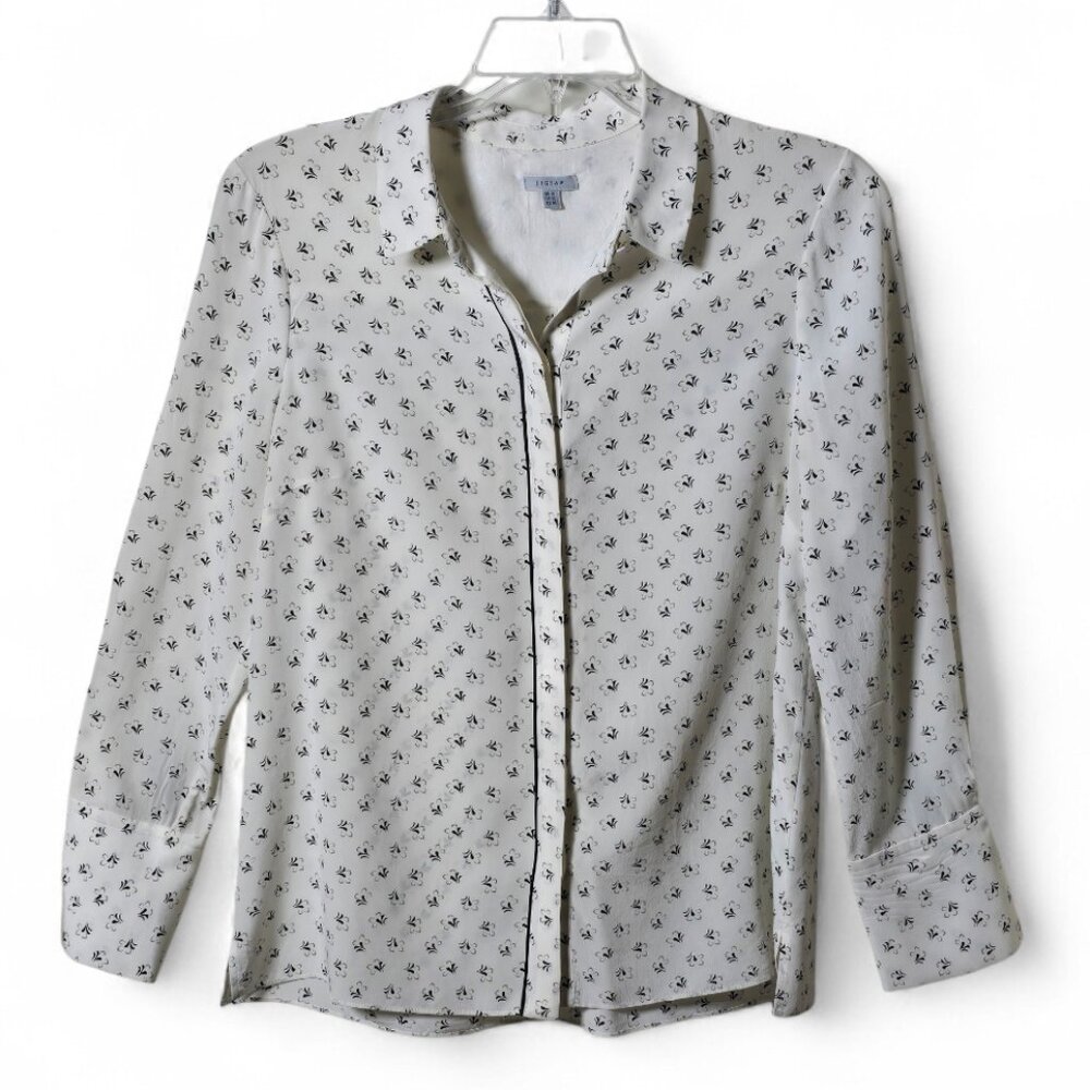 100% Silk Blouse Size 12 Black White Micro Print Button Front Career Top